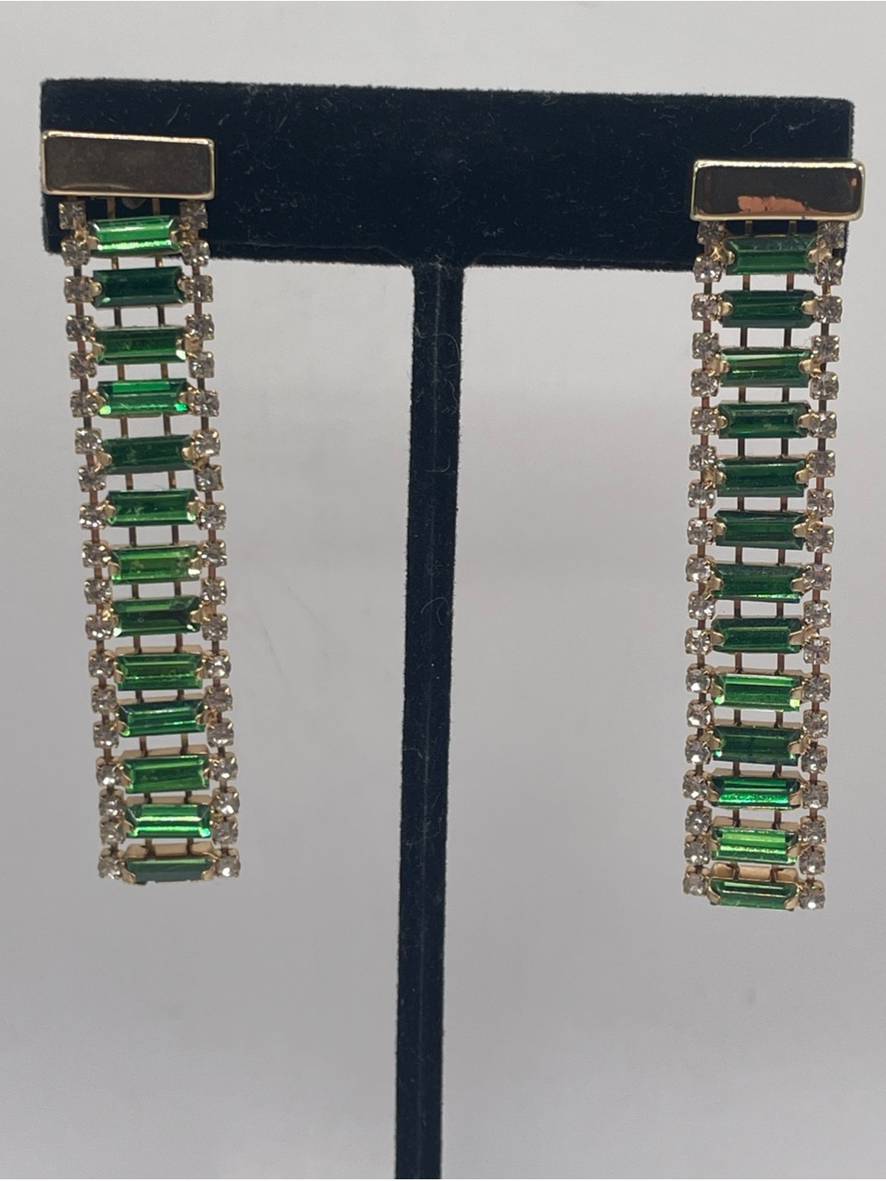Emerald & White Crystal/Glass Baguette Chain Earrings